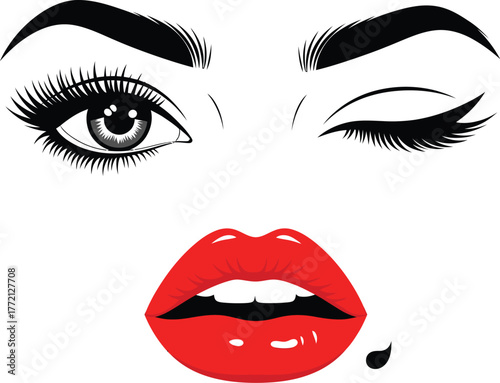 Striking illustration of a woman s open eye and winking eye with bold red lips and defined eyebrows and eyelashes