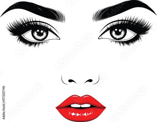 Dramatic black and white sketch of a woman s eyes and red lips with bold eyelashes and eyebrows