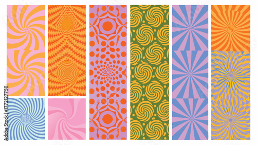 A digital abstract background with spiral bursts twisting from the center, blending pink and purple gradients with hypnotic illusion effect.