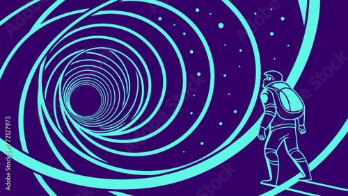 Abstract Vortex Tunnel with Astronaut Vector Art Visionary Concept Illustration. Exploration Space Travel Conceptual Graphic Design Background Wallpaper.