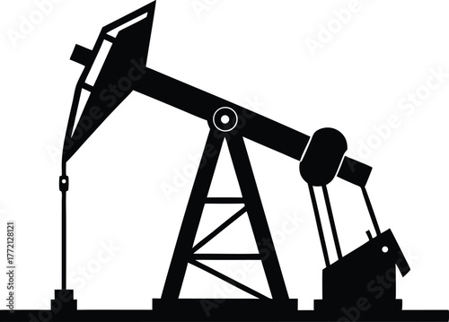 Oil pump jack or petrol pumpjack flat vector icon, A black silhouette of an oil pump jack against a white background