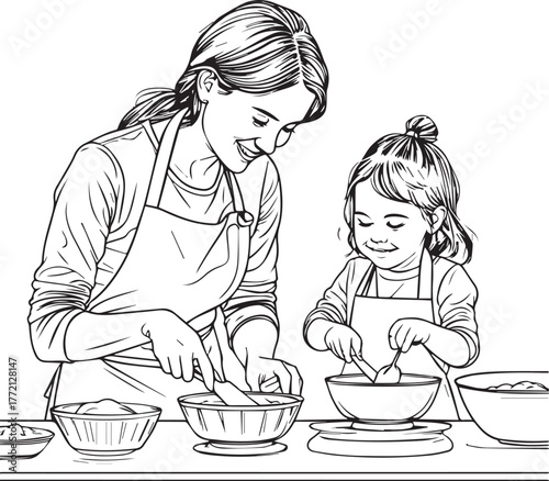 Happy mom and child mixing ingredients for delicious baked treats