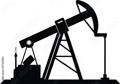 Oil pump jack or petrol pumpjack flat vector icon, A black silhouette of an oil pump jack against a white background