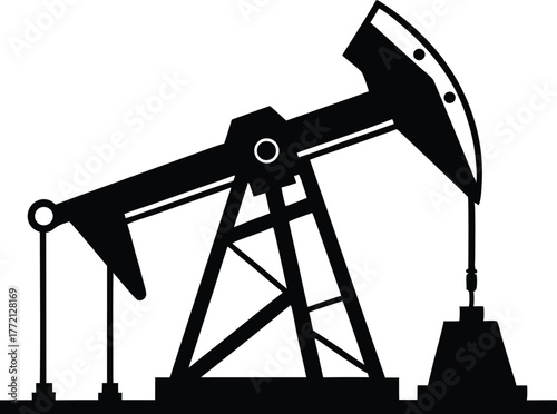 Oil pump jack or petrol pumpjack flat vector icon, A black silhouette of an oil pump jack against a white background