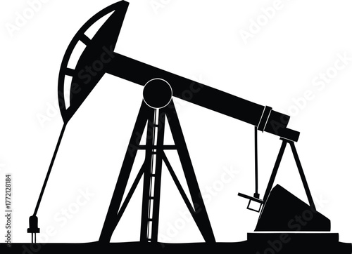 Oil pump jack or petrol pumpjack flat vector icon, A black silhouette of an oil pump jack against a white background