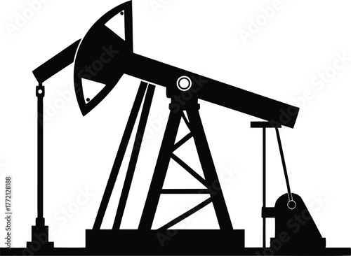 Oil pump jack or petrol pumpjack flat vector icon, A black silhouette of an oil pump jack against a white background