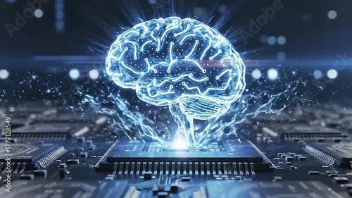 Glowing digital brain made of blue neon circuits hovering above a detailed CPU microchip, symbolizing AI, data transfer, and futuristic technology in ultra-realistic cinematic style.
