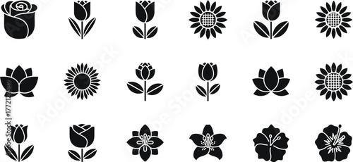 Collection of diverse floral silhouettes including roses tulips sunflowers lotuses and orchids isolated on transparent background