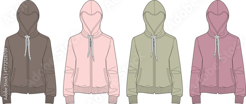 Collection of four zipped hoodies in various pastel colors, presented in a flat vector illustration style