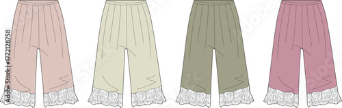 Set of colorful women's capri pants with delicate lace trim, a fashion flat illustration for clothing design and apparel mockups
