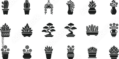 Collection of various potted houseplants and succulents in silhouette style isolated on transparent background