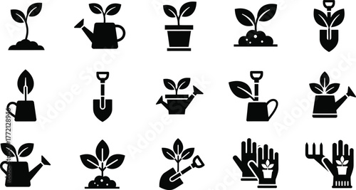 Collection of black silhouette icons representing gardening and plant growth concepts isolated on transparent background