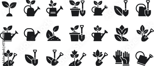 Collection of gardening icons featuring plants watering cans shovels and gloves isolated on transparent background
