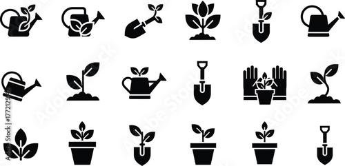 Collection of black silhouette icons representing gardening tools and plants isolated on transparent background
