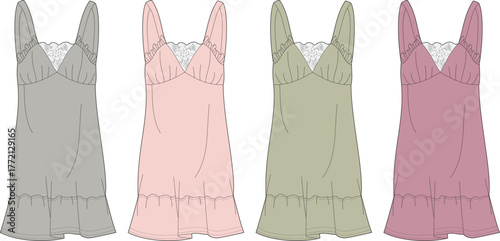 Collection of four women's nightgowns in various pastel colors, featuring lace trim and ruffled hems