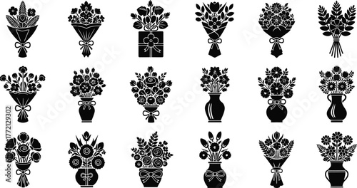 Collection of decorative floral arrangements and bouquets in various styles isolated on transparent background