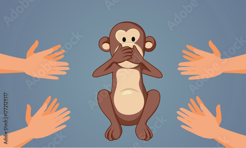 People Applauding a Monkey Vector Funny Cartoon illustration. Audience congratulating by clapping the funny chimpanzee ape 
