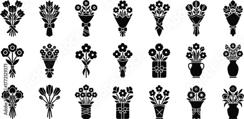 Collection of twenty different floral bouquet silhouettes in various styles and arrangements isolated on transparent background