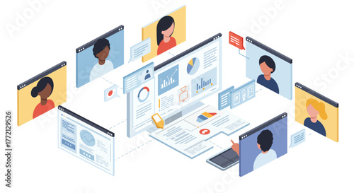 Isometric Illustration of Online Meeting and Data Analysis.