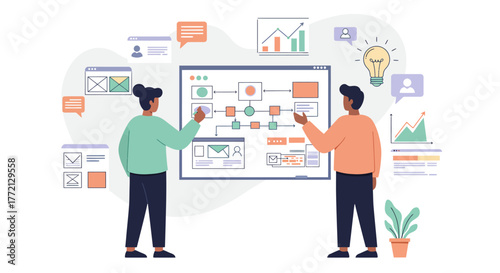 Two People Analyzing Business Process Diagram on Board.