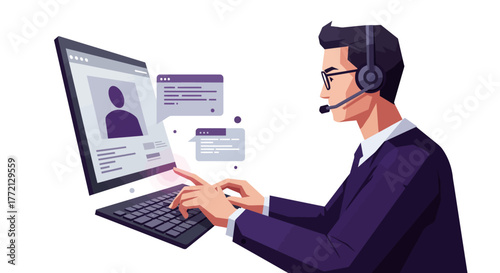 Customer Service Representative Working on Laptop with Headset.