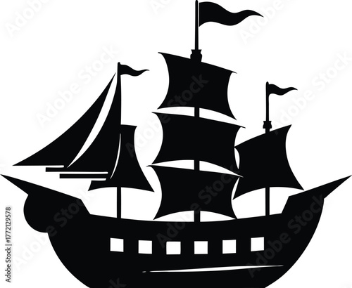 Pirate Ship Skull Flag Icon Vector, Silhouette of a pirate ship with sails and a skull and crossbones on the hull sailing vector illustration.