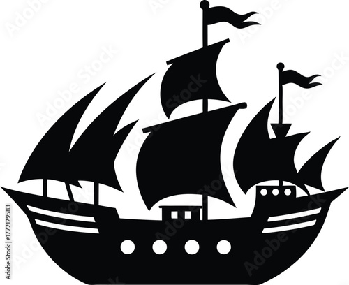 Pirate Ship Skull Flag Icon Vector, Silhouette of a pirate ship with sails and a skull and crossbones on the hull sailing vector illustration.