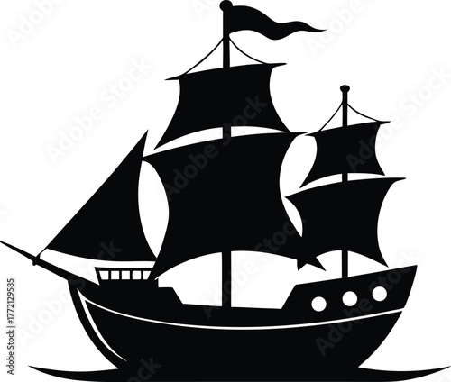 Pirate Ship Skull Flag Icon Vector, Silhouette of a pirate ship with sails and a skull and crossbones on the hull sailing vector illustration.