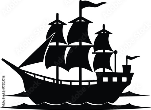 Pirate Ship Skull Flag Icon Vector, Silhouette of a pirate ship with sails and a skull and crossbones on the hull sailing vector illustration.