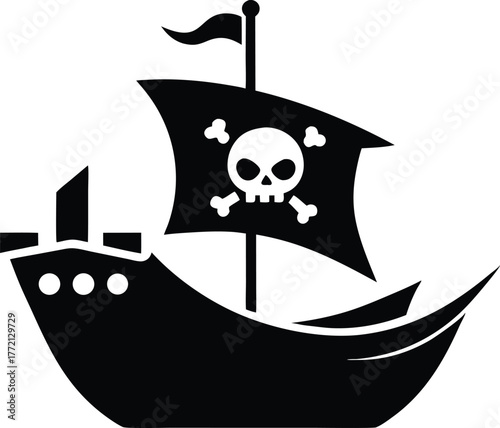 Pirate Ship Skull Flag Icon Vector, Silhouette of a pirate ship with sails and a skull and crossbones on the hull sailing vector illustration.