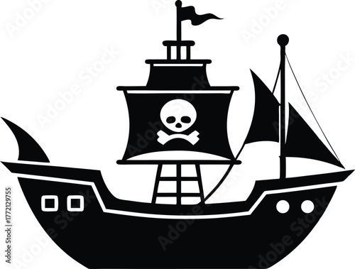 Pirate Ship Skull Flag Icon Vector, Silhouette of a pirate ship with sails and a skull and crossbones on the hull sailing vector illustration.