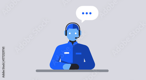 Blue Customer Service Representative with Speech Bubble.