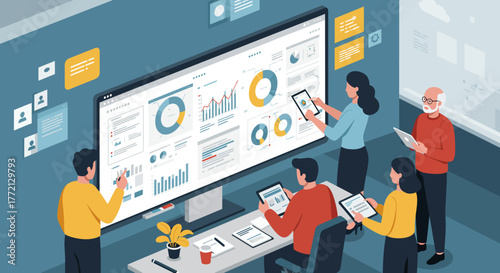 Team Analyzing Data on Large Computer Screen.