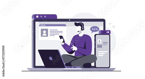 Customer Service Representative Using Laptop and Smartphone.