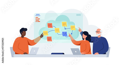 Team Analyzing Cloud Data Flow Diagram Together.