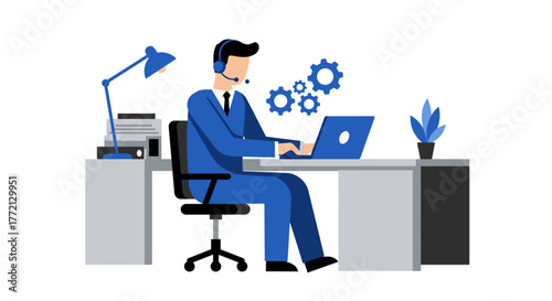 Customer Service Representative Working on Laptop with Headset.