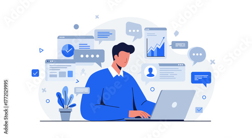 Man Working on Laptop Surrounded by Digital Elements.