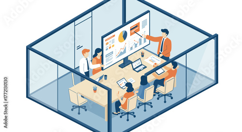 Business Meeting in Modern Office Cubicle Illustration.