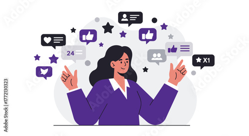 Smiling Woman Interacting with Social Media Icons.