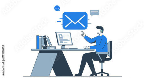 Customer Service Representative Working at Desk with Email Icon.