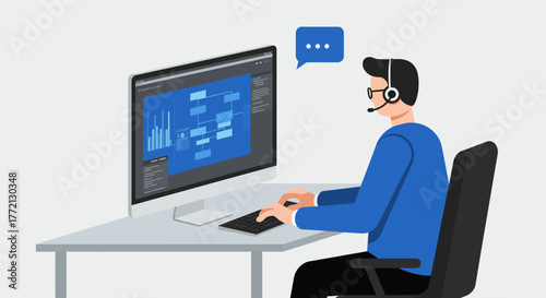 Customer Service Representative Working on Computer with Headset.
