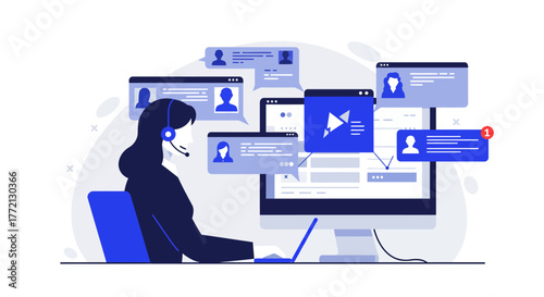 Customer Service Representative Working with Online Communication Interface.