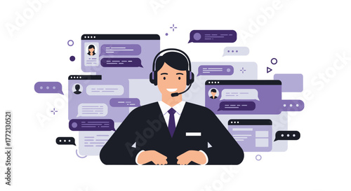 Smiling Customer Service Representative with Headset and Chat Bubbles.