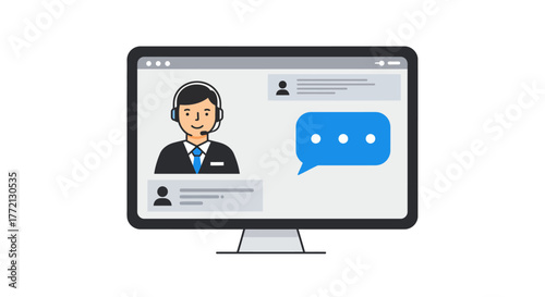Customer Service Representative on Computer Screen Illustration.