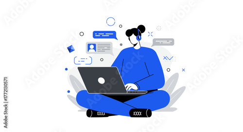 Person Using Laptop with Headset and Chat Bubbles.