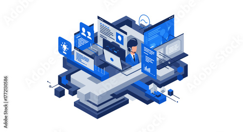 Isometric Illustration of Customer Service Representative at Work.