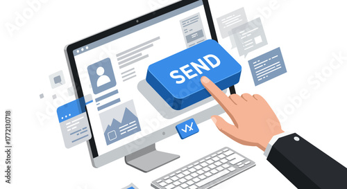 Hand Pressing Send Button on Computer Screen.