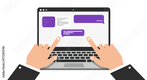 Hands Interacting with Laptop Displaying Chat Bubbles.
