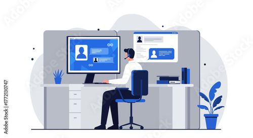 Customer Service Representative Working at Computer Desk.