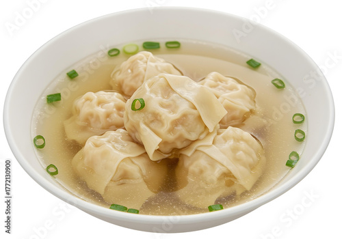 Bowl of Wonton Soup with Chopped Scallions on a White Background dumplings chinese isolated on a transparent background